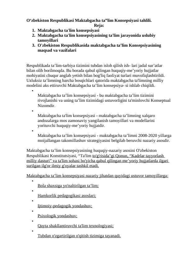 Oʻzbekiston Respublikasi Maktabgacha ta‟lim Konsepsiyasi tahlili.