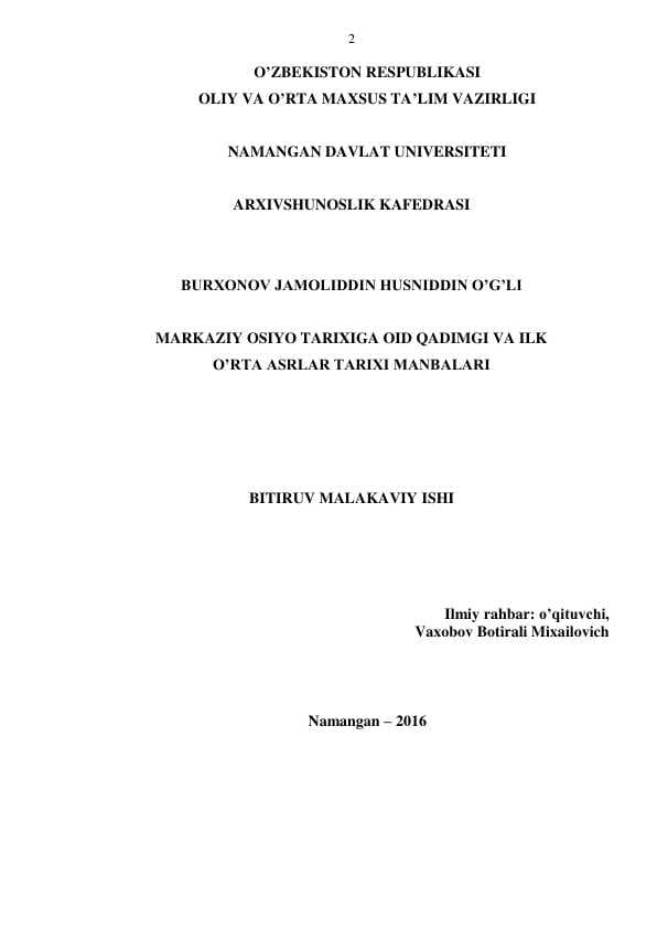 MARKAZIY OSIYO TARIXIGA OID QADIMGI VA ILK O’RTA ASRLAR TARIXI MANBALARI