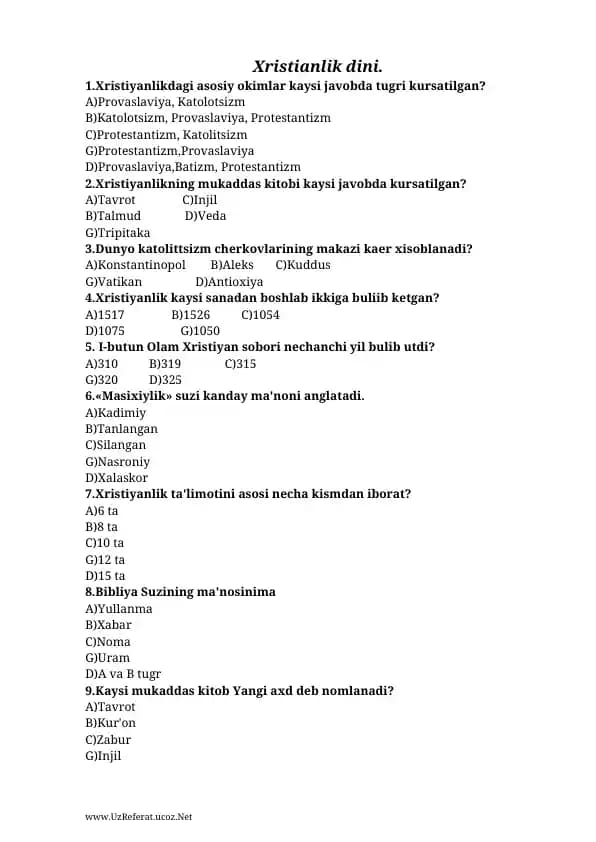 Xristianlik dini test javoblari