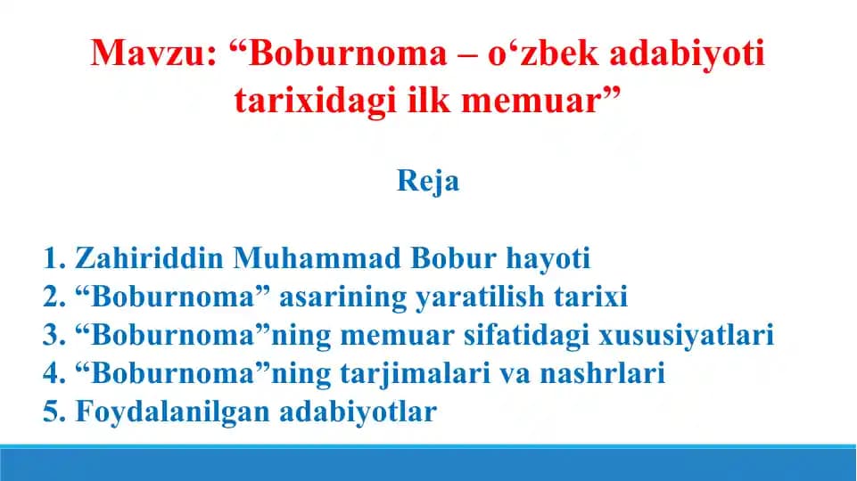 “Boburnoma – o‘zbek adabiyoti tarixidagi ilk memuar”. Taqdimot 10 bet.