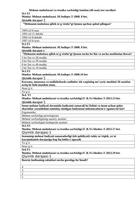Mehnat muhofazasi va texnika xavfsizligi fanidan (90 ta) test savollari