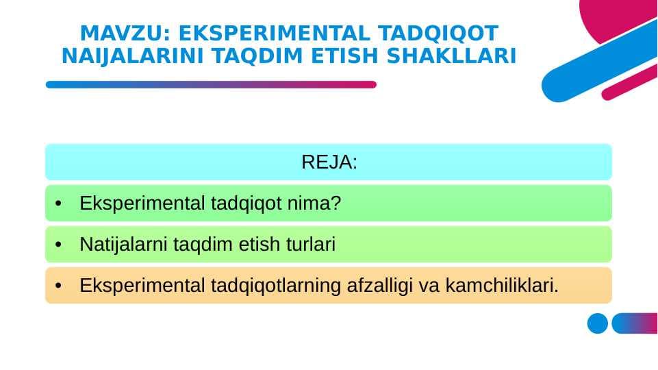 EKSPERIMENTAL TADQIQOT NAIJALARINI TAQDIM ETISH SHAKLLARI