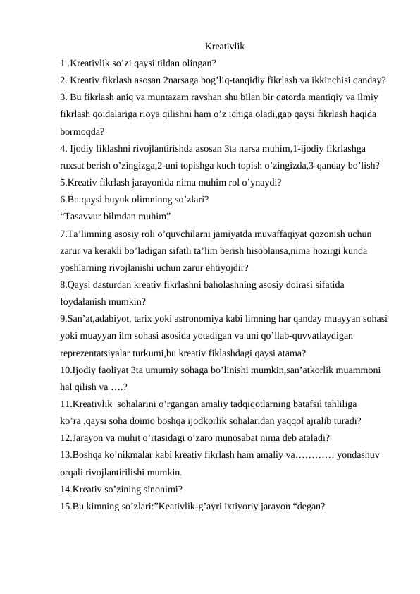 Kreativlik krossword