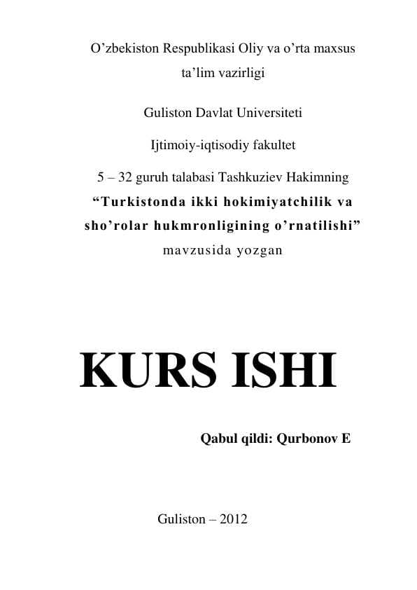 Turk istonda ikk i hokimiyatc hilik va s ho’ro lar hukmron lig in ing o’ rnatilish i