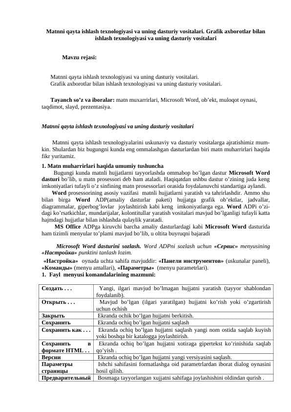 Matnni qayta ishlash texnologiyasi va uning dasturiy vositalari. Grafik axborotlar bilan ishlash texnologiyasi va uning dasturiy vositalari