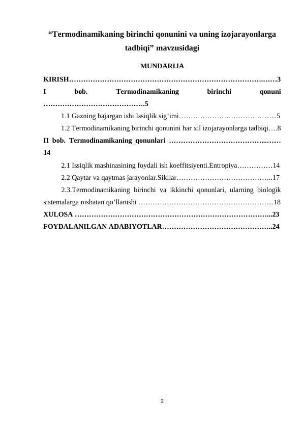 Termodinamikaning birinchi qonunini va uning izojarayonlarga tadbiqi