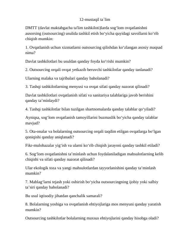 DMTT (davlat maktabgacha ta'lim tashkiloti)larda sog‘lom ovqatlanishni ausorsing (outsourcing) usulida tashkil etish