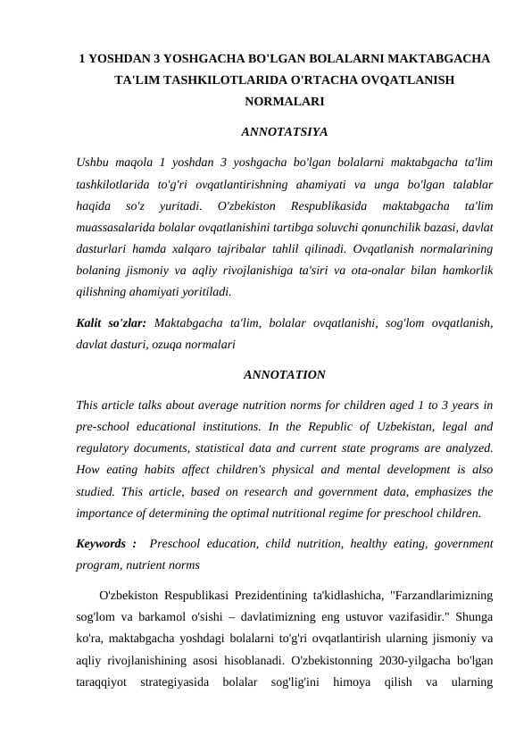 1 YOSHDAN 3 YOSHGACHA BO'LGAN BOLALARNI MAKTABGACHA TA'LIM TASHKILOTLARIDA O'RTACHA OVQATLANISH NORMALARI