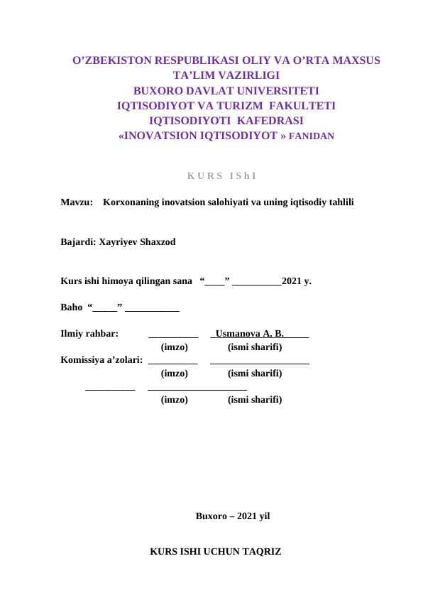 Korxonaning inovatsion salohiyati va uning iqtisodiy tahlili