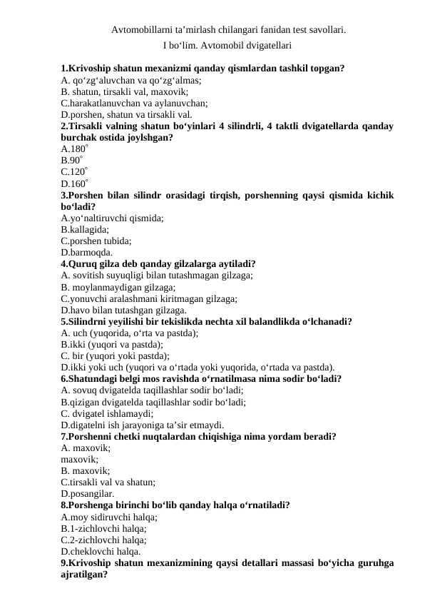 Avtomobil dvigatellari TEST