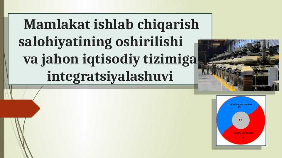 Mamlakat ishlab chiqarish salohiyatining oshirilishi va jahon iqtisodiy tizimiga integratsiyalashuvi