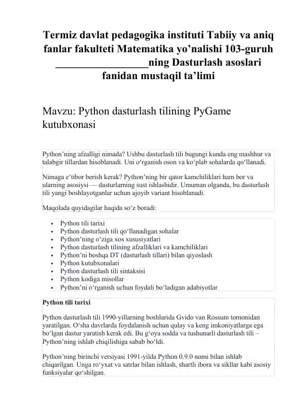 Python dasturlash tilining PyGame kutubxonasi