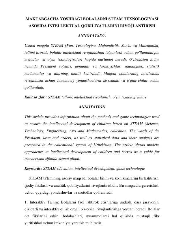 MAKTABGACHA YOSHDAGI BOLALARNI STEAM TEXNOLOGIYASI ASOSIDA INTELLEKTUAL QOBILIYATLARINI RIVOJLANTIRISH