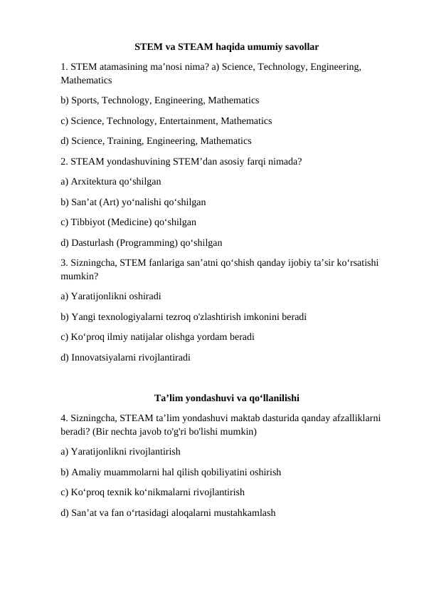 STEM va STEAM haqida umumiy savollar