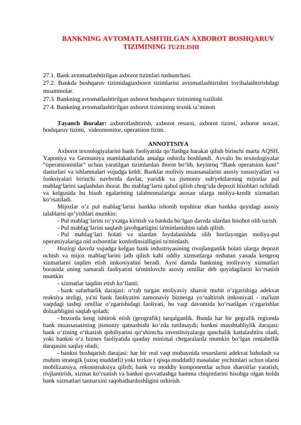 BANKNING AVTOMATLASHTIILGAN AXBOROT BOSHQARUV TIZIMINING TUZILISHI