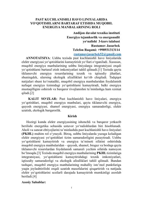 Past kuchlanishli havo liniyalari bo'yicha energiya yo‘qotishlarini bartaraf etish