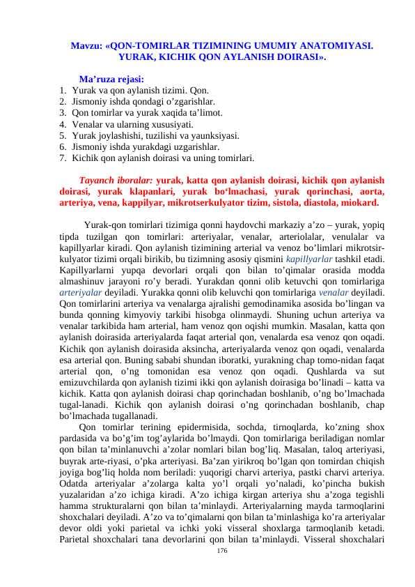 «QON-TOMIRLAR TIZIMINING UMUMIY ANATOMIYASI. YURAK, KICHIK QON AYLANISH DOIRASI».