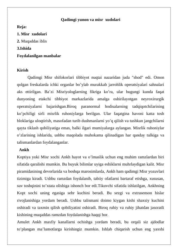 Qadimgi yunon va misr  xudolari