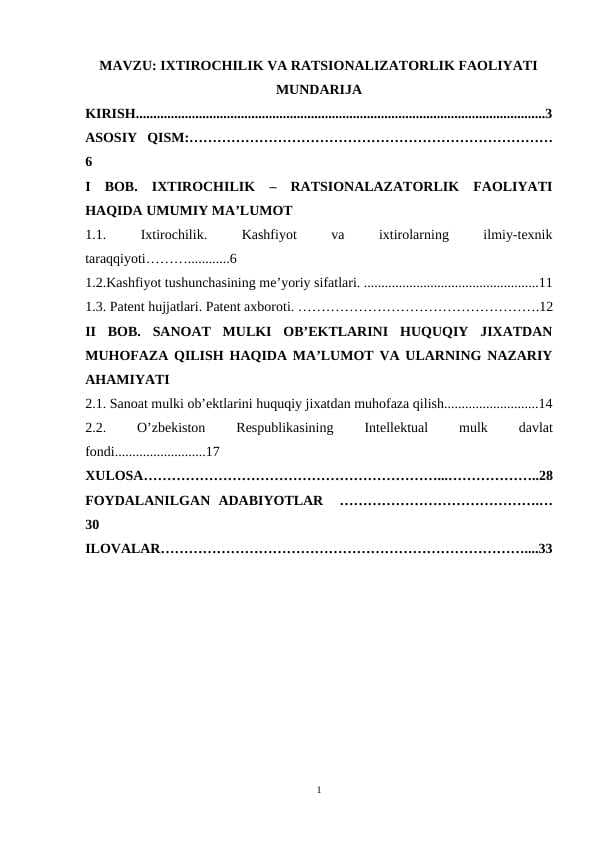 IXTIROCHILIK VA RATSIONALIZATORLIK FAOLIYATI