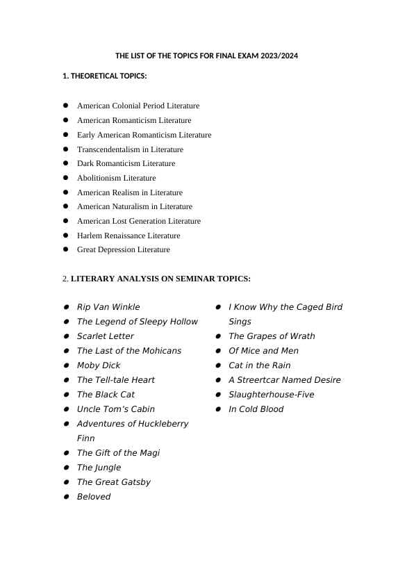 final exam topics 2023-2024 TO'MA Tili O'rganilayotgan Mamlakatlar Adabiyoti