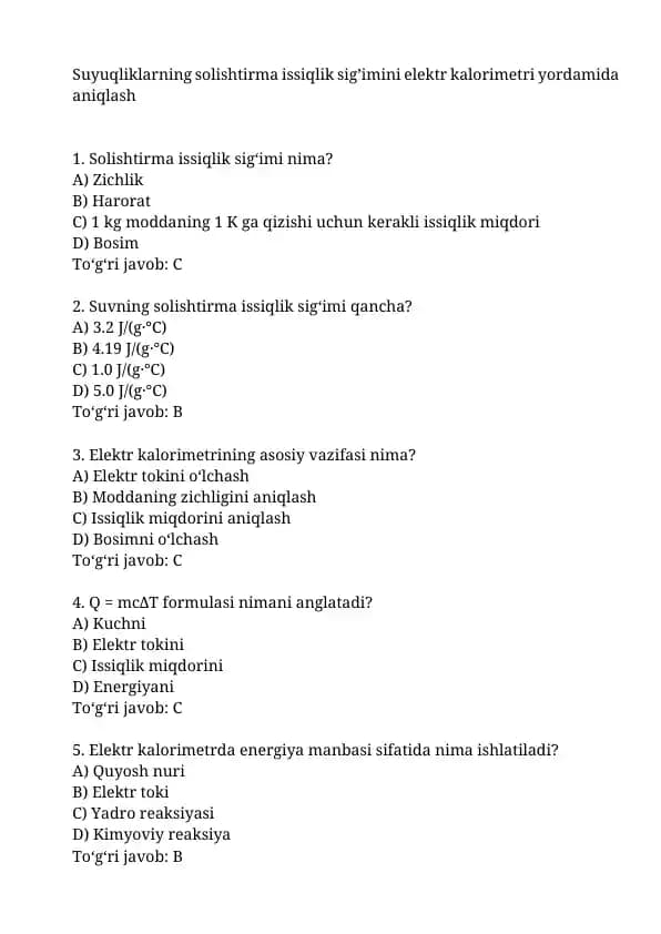 Suyuqliklarning solishtirma issiqlik sigʼimini elektr kalorimetri yordamida aniqlash