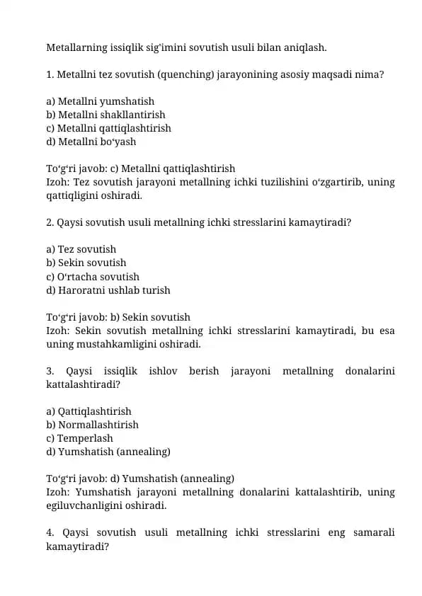 Metallarning issiqlik sig'imini sovutish usuli bilan aniqlash