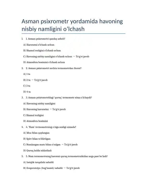 Asman psixrometr yordamida havoning nisbiy namligini o‘lchash