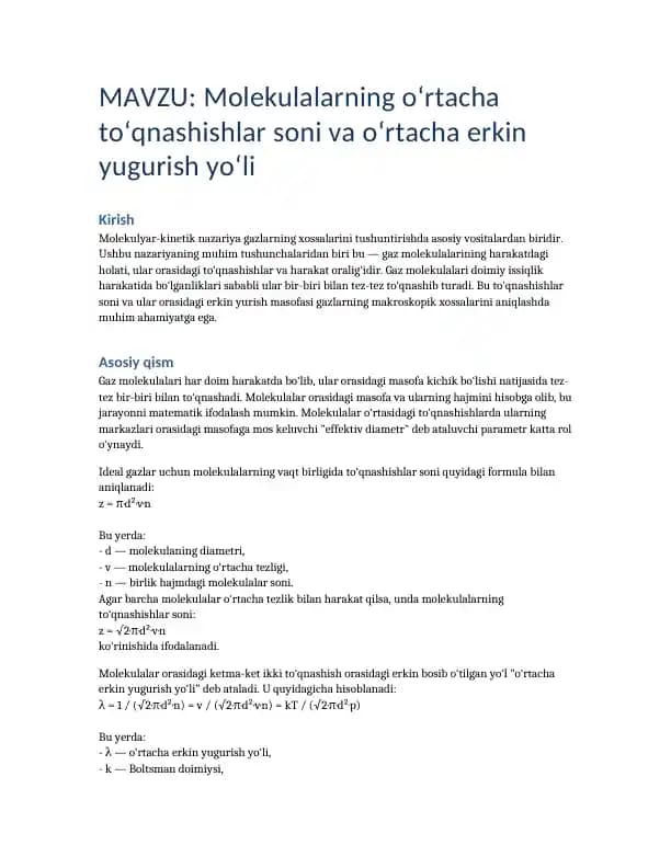 Molekulalar orasidagi to'qnashishlar soni va erkin yugurish