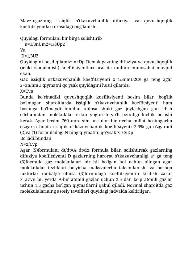 Gazning issiqlik o'tkazuvchanlik difuziya va qovushqoqlik koeffitsiyentlari