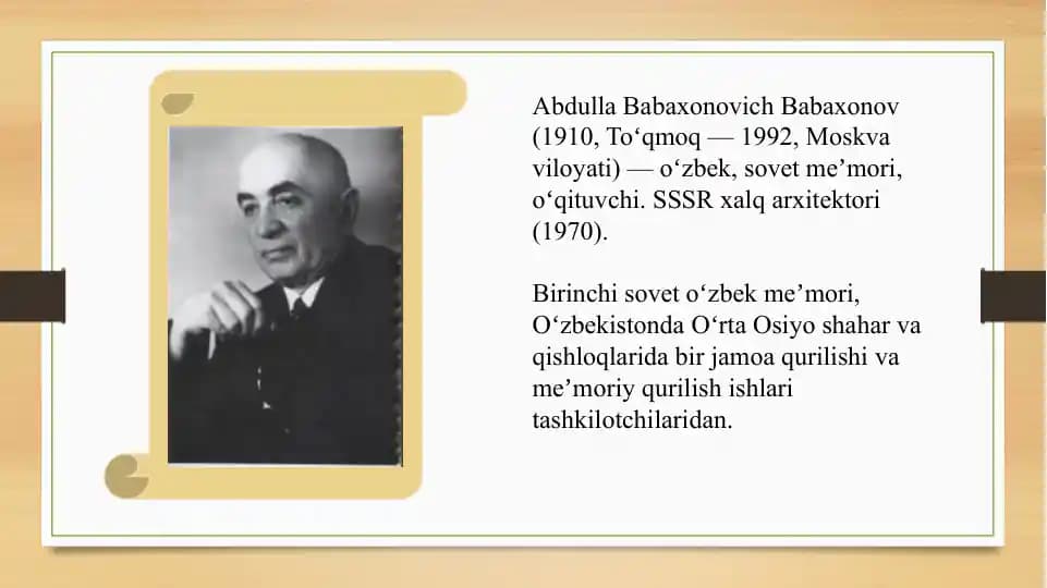 O’zbSSRda xizmat ko’rsatgan arxitektor Ilya Aronovich Merport hayoti va ijodi.