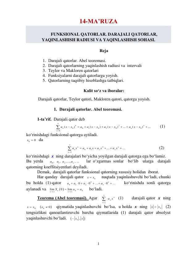 FUNKSIONAL QATORLAR. DARAJALI QATORLAR,  YAQINLASHISH RADIUSI VA YAQINLASHISH SOHASI.