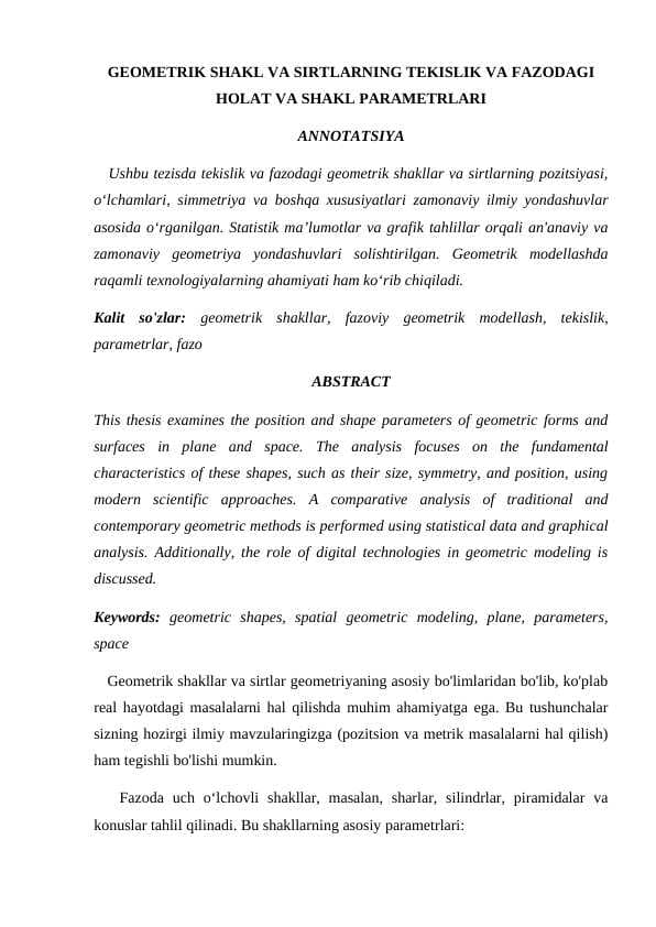 GEOMETRIK SHAKL VA SIRTLARNING TEKISLIK VA FAZODAGI HOLAT VA SHAKL PARAMETRLARI