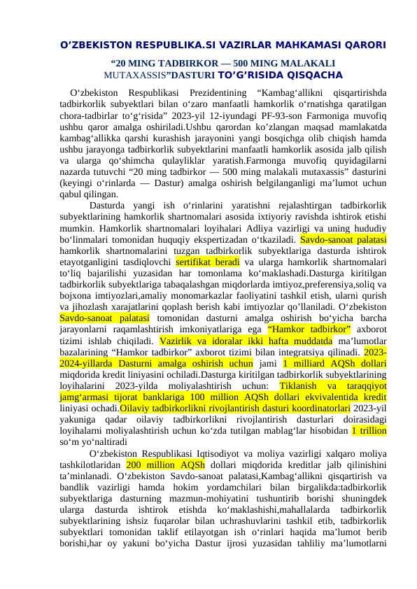 O’ZBEKISTON RESPUBLIKA.SI VAZIRLAR MAHKAMASI QARORI “20 MING TADBIRKOR — 500 MING MALAKALI MUTAXASSIS”DASTURI to’g’risida umumiy malumot