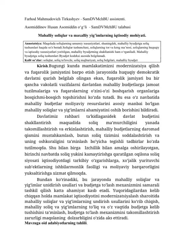 Mahalliy Soliqlar va Yig'imlar