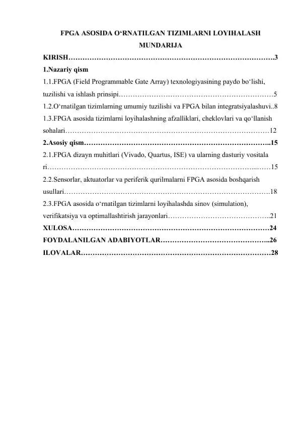 FPGA ASOSIDA O‘RNATILGAN TIZIMLARNI LOYIHALASH