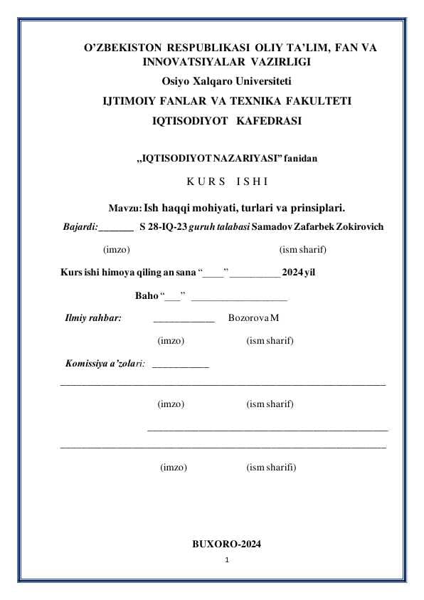 Ish haqqi mohiyati, turlari va prinsiplari.