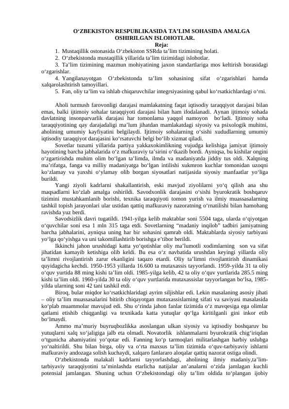 O‘ZBEKISTON RESPUBLIKASIDA TA’LIM SOHASIDA AMALGA OSHIRILGAN ISLOHOTLAR.
