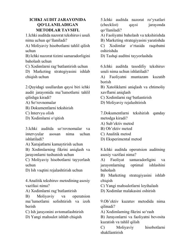 ICHKI AUDIT JARAYONIDA QO‘LLANILADIGAN METODLAR TAVSIFI.