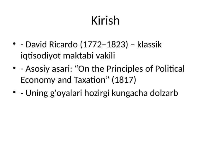 David Ricardoning iqtisodiy ta'limoti