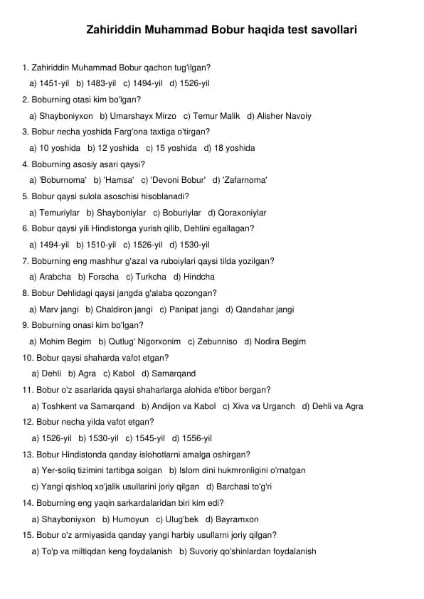Zahiriddin Muhammad Bobur haqida test savollari