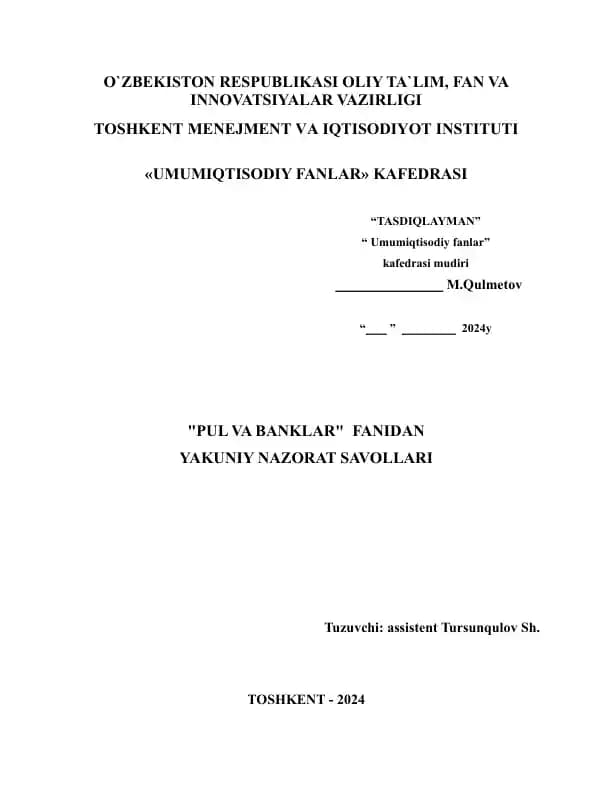 "PUL VA BANKLAR" FANIDAN