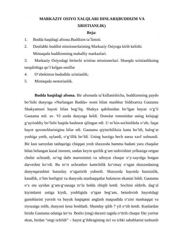 MARKAZIY OSIYO XALQLARI DINLARI(BUDDIZM VA XRISTIANLIK)