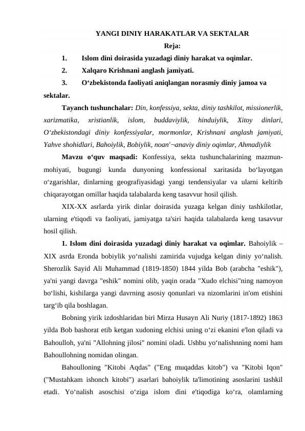 YANGI DINIY HARAKATLAR VA SEKTALAR