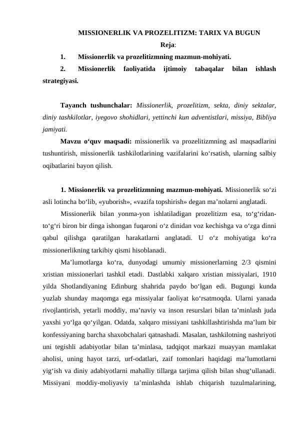 MISSIONERLIK VA PROZELITIZM: TARIX VA BUGUN