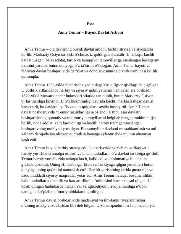 Amir Temur - davlat arbobi. Insho. Esse
