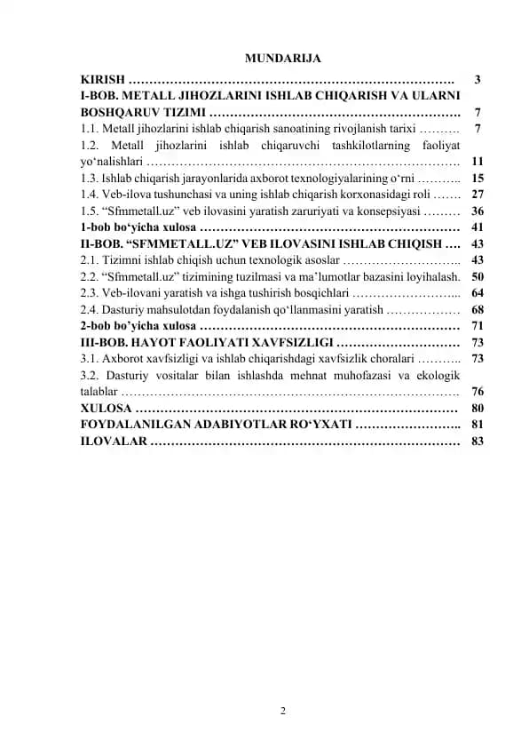 Metall jihozlarini ishlab chiqaruvchi tashkilotning mahsulotlari haqida ma'lumot beruvchi Sfmmetall.uz veb ilovasini ishlab chiqish