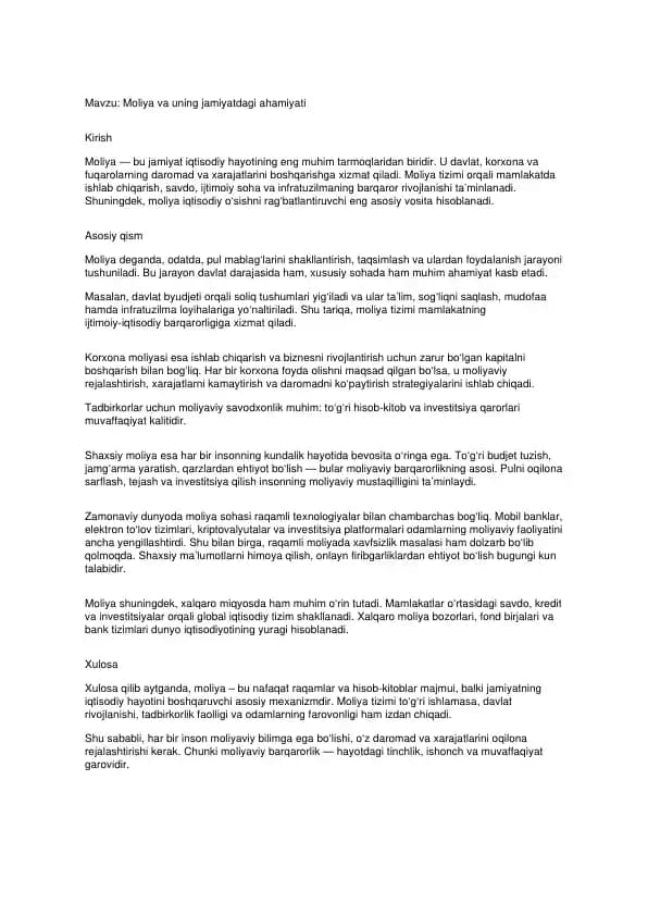 Moliya va uning jamiyatdagi ahamiyati