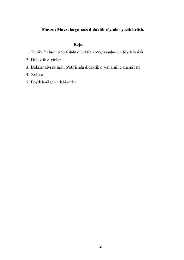 Mavzularga mos didaktik oʻyinlar yozib kelish