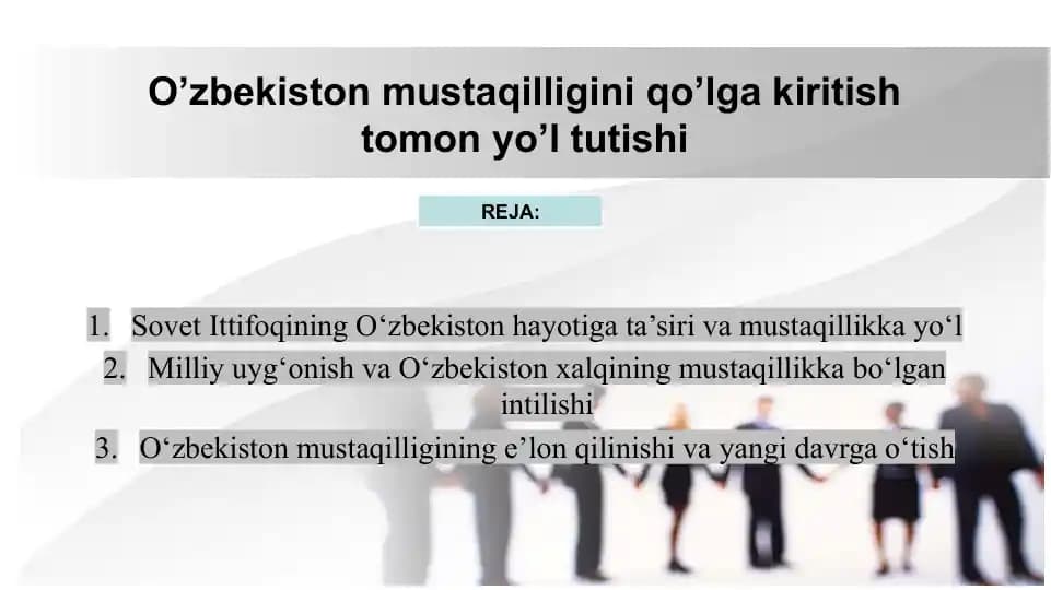 O’zbekiston mustaqilligini qo’lga kiritish tomon yo’l tutishi