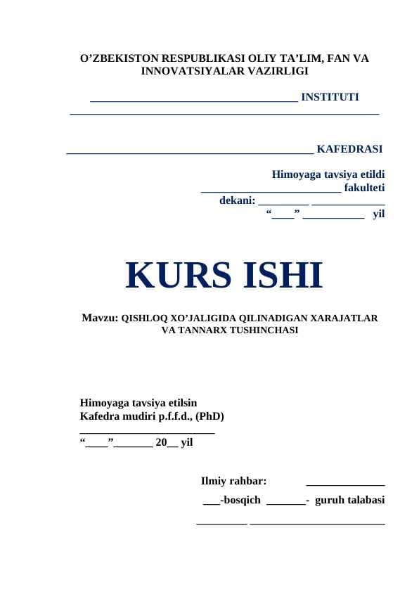 QISHLOQ XO’JALIGIDA QILINADIGAN XARAJATLAR VA TANNARX TUSHINCHASI
